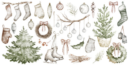 Watercolor christmas set. Hand drawn illustration. Isolated on white background.の写真素材