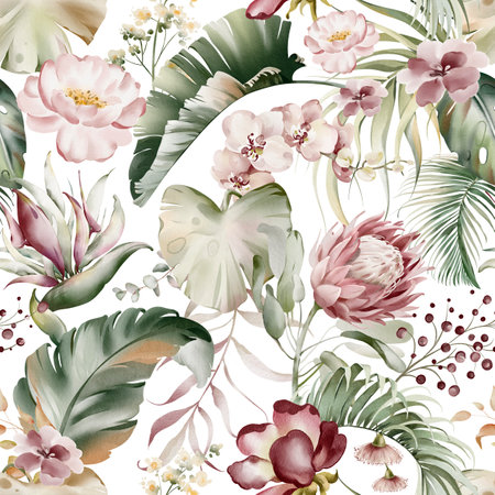 Seamless summer pattern with watercolor flowers handmade. Illustrationの写真素材