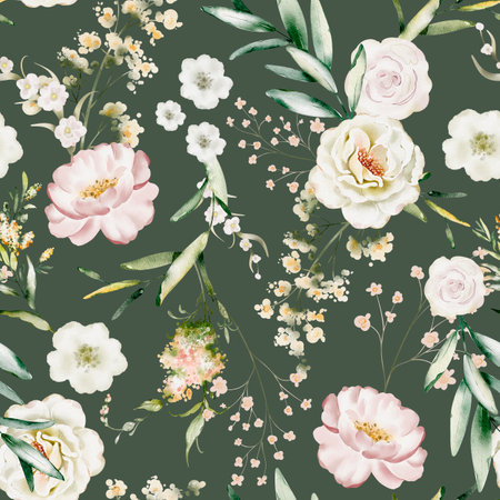 Watercolor floral seamless pattern. Hand painted flowers and leaves on a green background.の写真素材