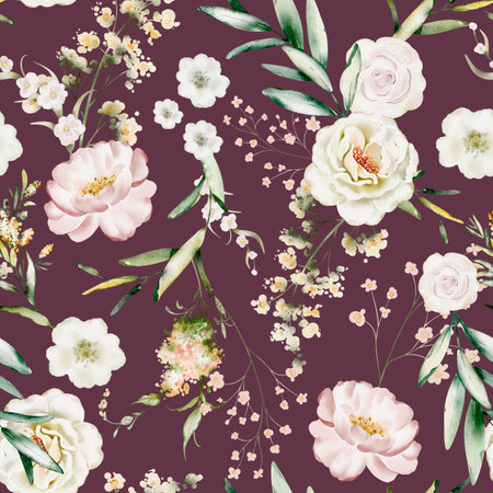 Watercolor floral seamless pattern. Hand painted flowers and leaves on dark purple background.の写真素材