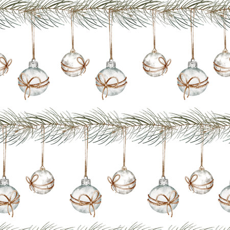 Watercolor Christmas seamless pattern with fir branches, balls and ribbons.の写真素材