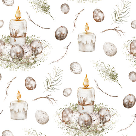 Seamless Easter pattern with elegant watercolor art. Hand-drawn springtime composition with eggs, twigs, and decorations for festive designs. Ideal for holiday cards, wrapping, and textile patterns.の写真素材