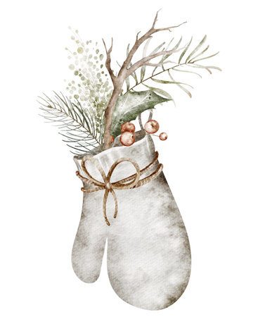 Christmas watercolor illustration with holly sprig and evergreen leaves in mitten. Hand-drawn festive design for greeting cards and holiday invitations. Perfect for traditional winter celebrations.の写真素材