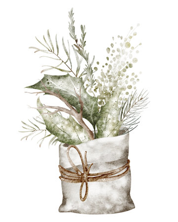 Watercolor illustration Christmas bag with fir and holly sprigs. Hand-drawn festive design with greenery for greeting cards or holiday templates. Classic vintage style for celebrations.の写真素材
