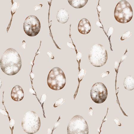 Seamless watercolor illustration of spring willow branches and Easter eggs. Hand-painted pattern for greeting cards, invitations, or fabric design. Botanical artwork in a rustic and delicate style.の写真素材