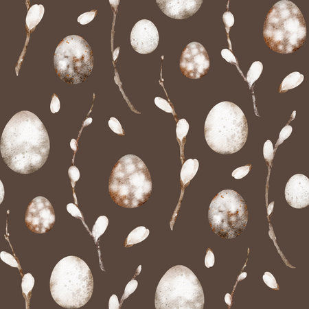 Seamless watercolor illustration of spring willow branches and Easter eggs. Hand-painted pattern for greeting cards, invitations, or fabric design. Botanical artwork in a rustic and delicate style.の写真素材