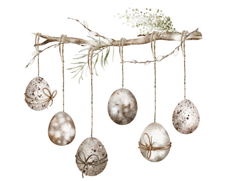 Watercolor Easter egg illustration. Hand-drawn garland with colorful decorations, perfect for greeting cards and spring invitations. Festive art ideas for holiday designs.の写真素材