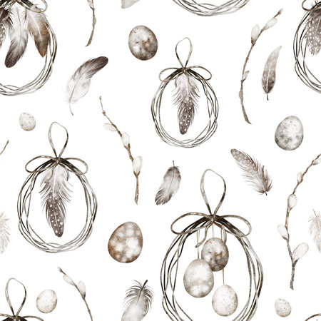 Feather watercolor seamless pattern. Illustration of ornament with eggs, plants, and bohemian symbols on isolated background for textile design or wallpaper. Easter drawing for holiday decorations.の写真素材