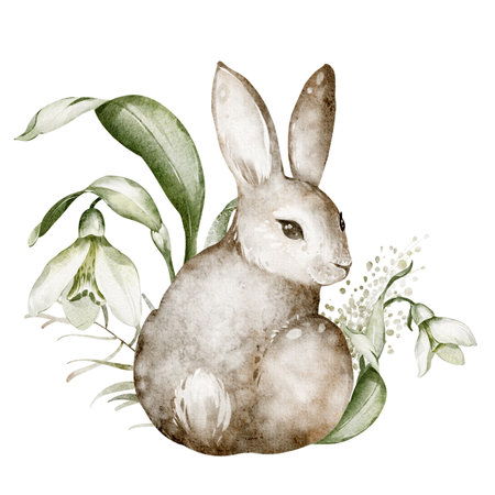 Watercolor bunny illustration with spring flowers. Hand-drawn artwork of a cute rabbit surrounded by snowdrops. For greeting cards, invitations, and Easter-themed designs. For nursery decorations.のイラスト素材