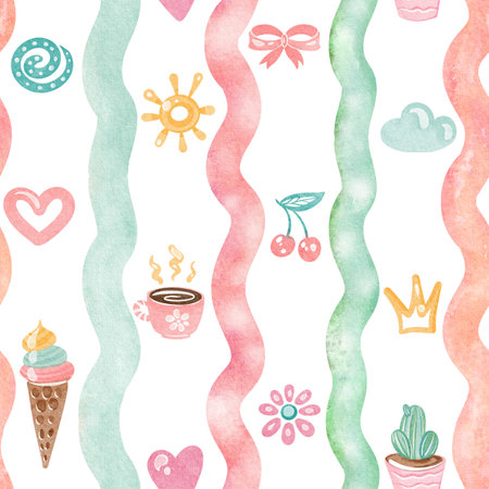 Summer seamless pattern with a playful theme, featuring clouds, hearts, and sun. Doodle art with rainbows, cherries, and flowers. Perfect for a nursery or childrens room wallpaper.の写真素材