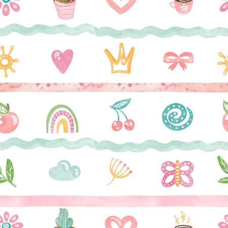 Summer seamless pattern with a playful theme, featuring clouds, hearts, and sun. Doodle art with rainbows, cherries, and flowers. Perfect for a nursery or children's room wallpaper.の写真素材
