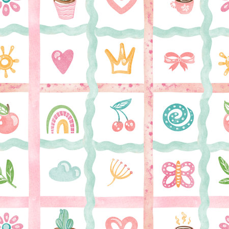 Cute checkered seamless doodle pattern illustration. Naive cartoon design with rainbow, butterfly, sun for nursery wallpaper or kindergarten decor. For children's products or preschool backgrounds.の写真素材