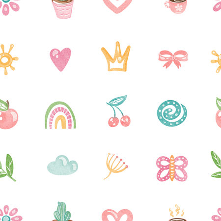 Seamless watercolor pattern with cute rainbow, butterflies, and flowers. Illustration for children's wallpaper or nursery textile design. Retro cartoon ornament for kids' bedding or wrapping paper.の写真素材