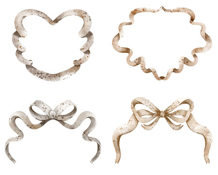 Set of decorative frames and ornaments in the form of ribbons in a watercolor style. The border elements in beige and brownish tones, with a texture or scuffs, creating an antique or vintage effect.の写真素材