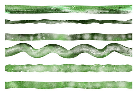 Vertical stripes of different shapes and colors. Watercolor abstract wavy and straight ribbon, a set of color swatches green colored on a white background. A decorative elements for design.の写真素材