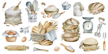 Watercolor bakery set. Hand drawn illustration of bread, eggs, flour, rolling pin, whisk, kitchen utensils.の写真素材