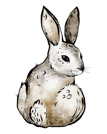 Hare illustration on an isolated background. Hand-drawn artwork of a cute rabbit black graphic line and watercolor. For greeting cards, invitations, and Easter-themed designs. For nursery decorations.の写真素材