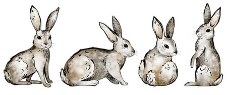 Set of sketches hares on a white isolated background. Hand-drawn artwork of a cute rabbit black graphic line and watercolor. For greeting cards and Easter designs. For nursery decorations.の写真素材