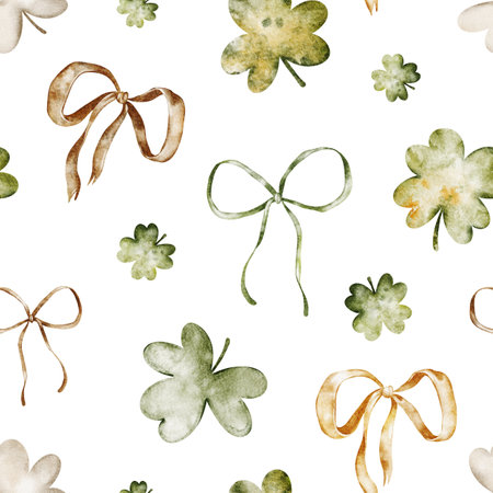 Watercolor seamless pattern with clover and ribbons. Elegant design for St. Patrick's Day wallpapers, wedding invitations, or wrapping paper. Hand-drawn illustration with romantic, delicate details.の写真素材