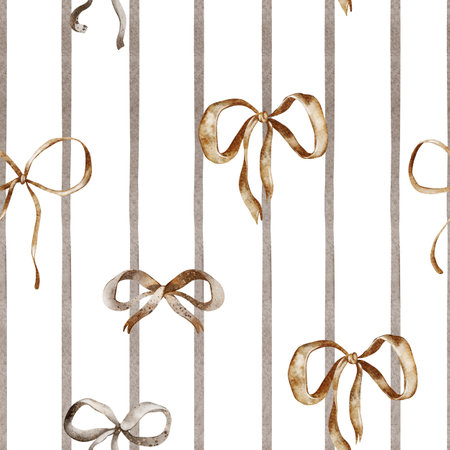 Watercolor seamless pattern with golden bows and ribbons on a white backgroundの写真素材