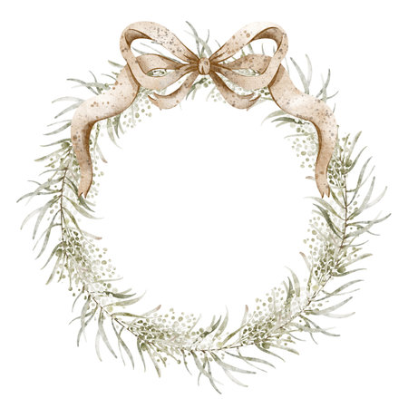 Watercolor Illustration botanical wreath with a vintage bow. Hand painted forest chaplet with twigs and leaves isolated on white background. Holiday frame for invitations, greetingsの写真素材