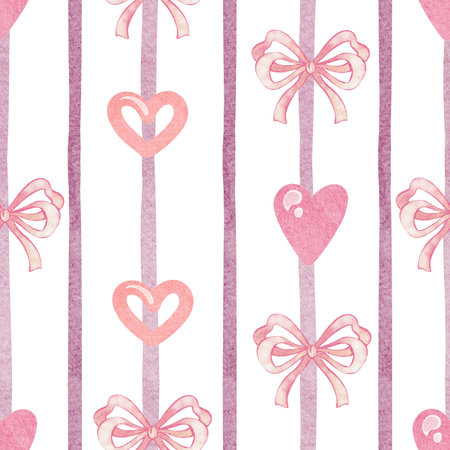 Watercolor Cute seamless striped pattern with pink hearts and bows. Retro background in a romantic girly style. Perfect kawaii design for a nursery or children's room wallpaper.の写真素材