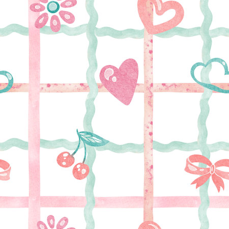 Cute checkered seamless doodle pattern illustration. Naive cartoon design with rainbow, butterfly, sun for nursery wallpaper or kindergarten decor. For children's products or preschool backgrounds.の写真素材