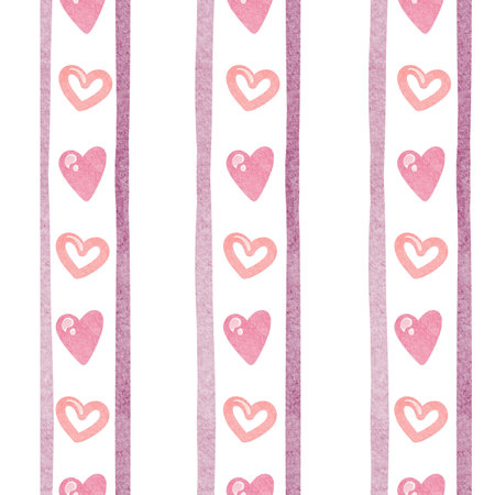 Watercolor Cute seamless pattern with pink hearts. Retro background with Pink striped in a girly style. Perfect for a nursery or children's room wallpaper.の写真素材