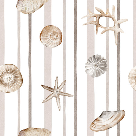 Nautical Seamless watercolor pattern with seashells and starfish on a striped background. Illustration of vintage backdrop in beige tones. Retro minimal wallpaper paper or baby texの写真素材