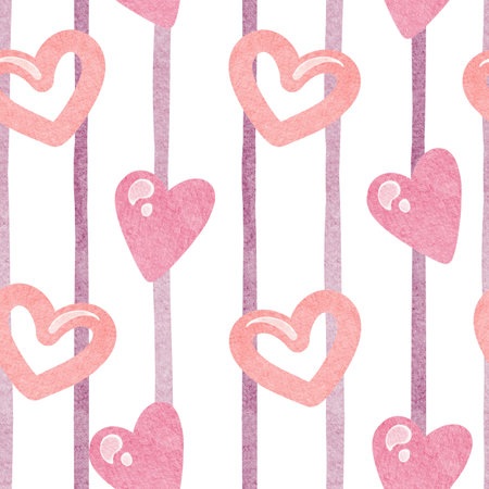 Watercolor Cute seamless pattern with pink hearts. Retro background with Pink striped in a girly style. Perfect for a nursery or children's room wallpaper.の写真素材