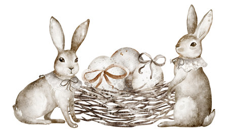 Watercolor illustration cute bunnies are sitting next to the nest where the Easter eggs are lying. Hand drawn rabbits. Vintage drawing. Holiday decal on isolated background.の写真素材