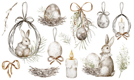 Watercolor set Easter vintage illustrations bunny, decoration, garland, Easter egg, candle. Hand drawn holiday design for card and invitation. Drawing holiday elements for stickers.の写真素材