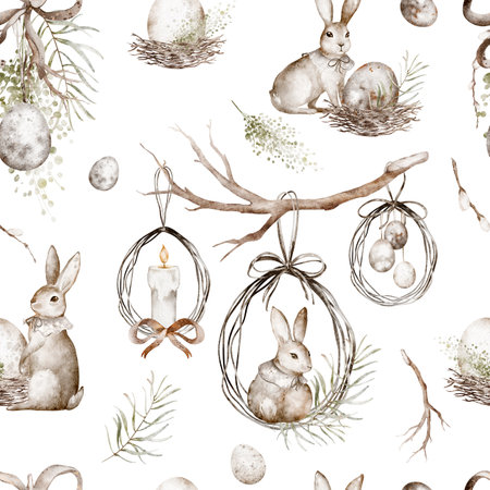 Watercolor seamless pattern cute Easter bunnies and rabbits. Hand drawn holiday wallpaper with Easter eggs. Perfect for children decor, textiles. Design for themed products and nursery wallpaper.の写真素材