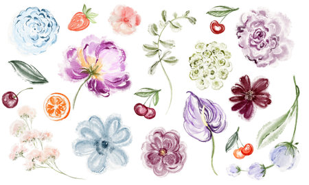Watercolor set rose and flowers on isolated background. Summer Bundle with Australian flora for wrapping paper or textile design. Collection elements leaf for design icon, logo.の写真素材