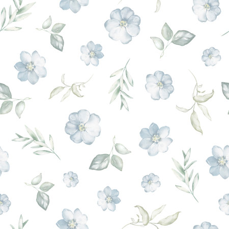 Watercolor floral seamless pattern with little blue flowers. Wedding background with Myosotis, Hyacinthus, Borago, Linum. Summer ornament Botanical design a for wrapper, wallpapers, romantic invites.の写真素材