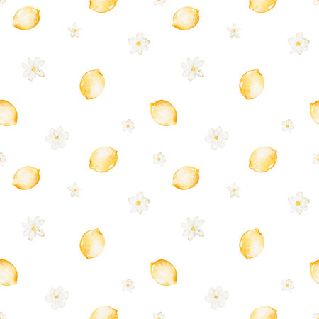 Lemon Watercolor Seamless Pattern with citrus fruits. Summer illustration ornament with small lemon. Backdrop food for wrapping paper or textile design. Wallpaper with vitamin plants.の写真素材
