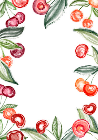 Watercolor cherry background with fruit. Hand painted template with summer food isolated on white background. Holiday frame for invitations, greeting cards.の写真素材