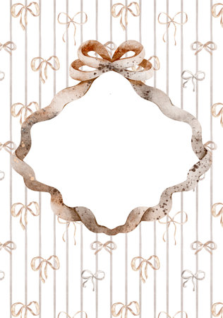 Vintage greeting card template with wavy bow. Watercolor illustration of ribbon frame on striped background. Holiday clipart in retro coquette aesthetic.の写真素材