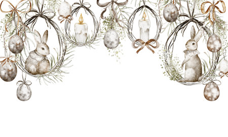 Watercolor Easter bunny background horizontal border with hanging decorations. Hand drawn vintage banner. Festive Template Cute hare for print holiday card and flier.の写真素材