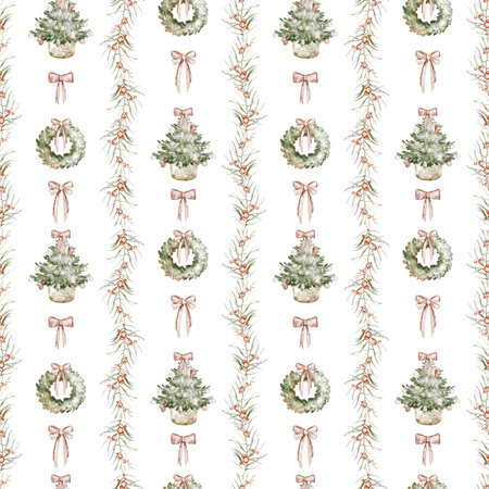 Watercolor Christmas wallpaper with red bow in Grandmillennial style. Hand drawn seamless pattern with vertical striped and Christmas tree. Holiday ornament with spruce wreath celebration wrap paper.の写真素材