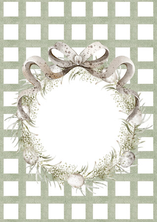 Watercolor christmas wreath with bow and ribbonの写真素材