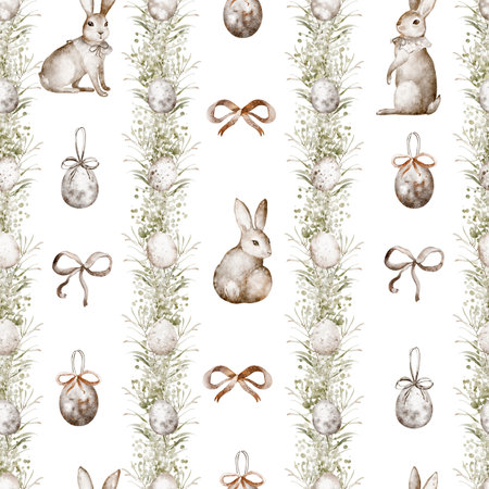 Watercolor easter bunny wallpaper. Hand drawn seamless pattern with vertical striped and bow, rabbit, hare. Holiday ornament with spruce branch, eggs for celebration backdrop.の写真素材