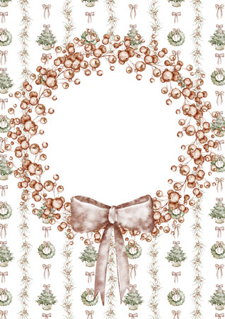 Watercolor Christmas Card Template with coquette bow. Hand painted printable card with red ribbon for a family photo. Holiday frame for invitations, greeting cards, newborn, children and nesting.の写真素材