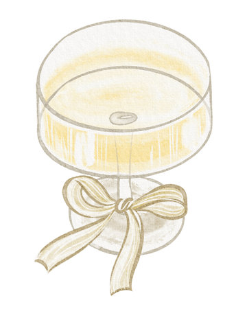 Watercolor illustration of a crystal wineglass filled with champagne. Drawing of a romantic cocktail for a wedding or anniversary celebration. Elegant design for invitations and party decor.の写真素材