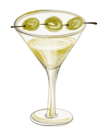 Watercolor illustration of a martini cocktail in a glass with liqueur, garnished with green olives. Elegant design for bar menus, party invitations, or celebration greeting cards.の写真素材