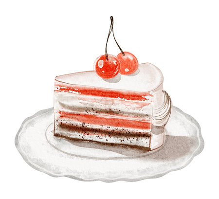 Watercolor illustration of a slice of sponge cake with frosting and a cherry, capturing the elegance and sweetness of a wedding dessert. For bridal shower invitations or anniversary celebrations.の写真素材