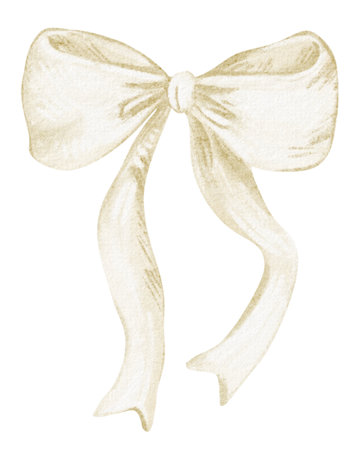 Bow with Ribbon watercolor illustration. Hand-drawn knot in beige for a charming anniversary greeting card. Elegant and decorative accessory artwork perfect for wedding or holiday celebration design.の写真素材