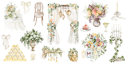 Watercolor illustration of wedding elements including bouquet, cake, champagne glasses, and ribbons. Hand drawn design for romantic celebration and marriage invitations. Art in soft, elegant colors.の写真素材