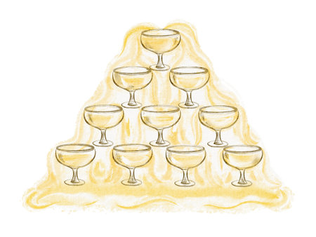 Watercolor illustration of a champagne pyramid stack. Hand-drawn design for wedding or anniversary celebration invitations. Elegant artwork showing sparkling glasses and festive atmosphere.の写真素材