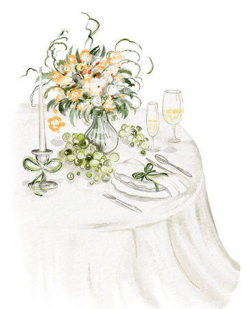 Watercolor illustration of a cozy dining table setting for a wedding reception. Elegant tablecloth, bouquet centerpiece, and candles create a warm for a celebration. Art for invitations, print design.の写真素材